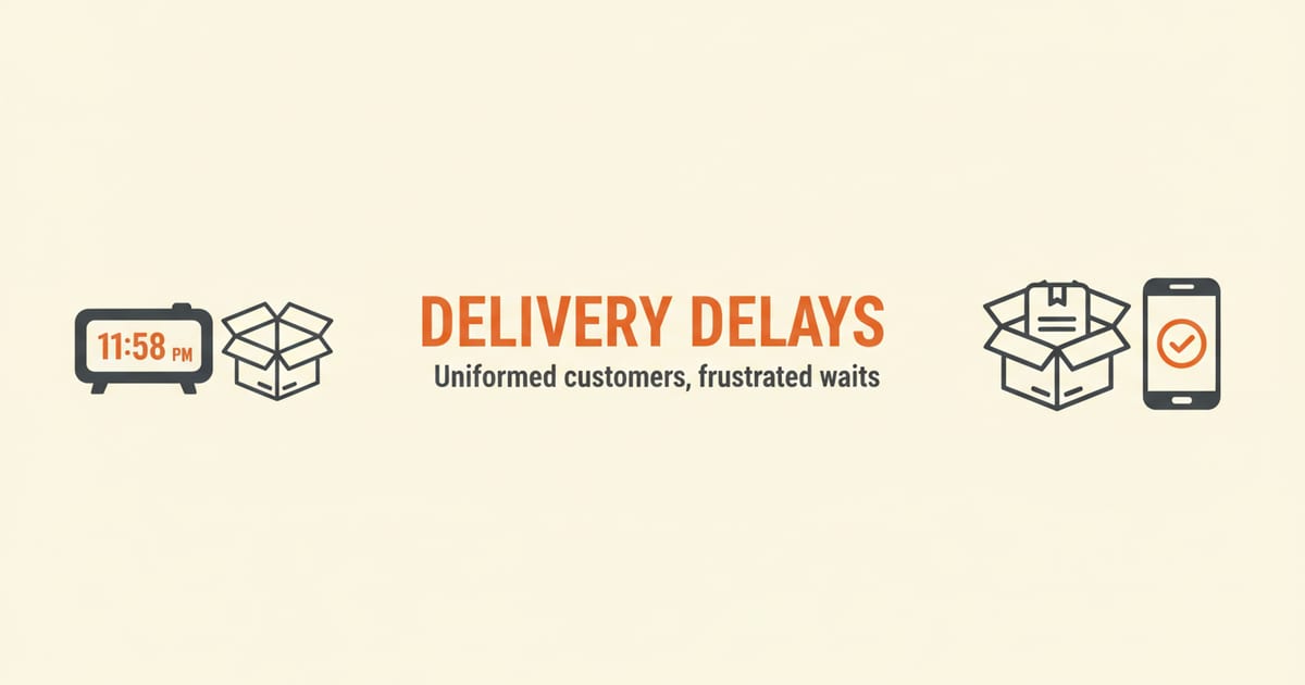 Flat orange and charcoal illustration on a warm cream background, showing customer experience icons either side of a short headline