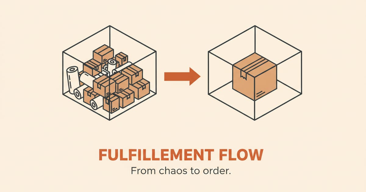 Flat orange and charcoal illustration on a warm cream background, showing shopify operations icons either side of a short headline