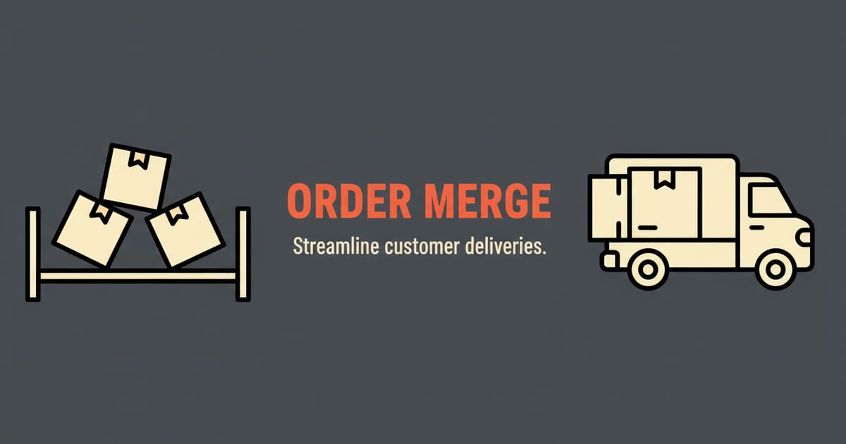 Flat orange and charcoal illustration on a warm cream background, showing shopify operations icons either side of a short headline