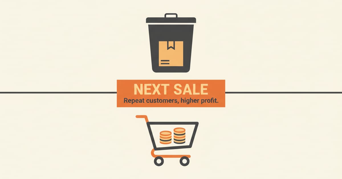 Flat orange and charcoal illustration on a warm cream background, showing marketing & growth icons either side of a short headline