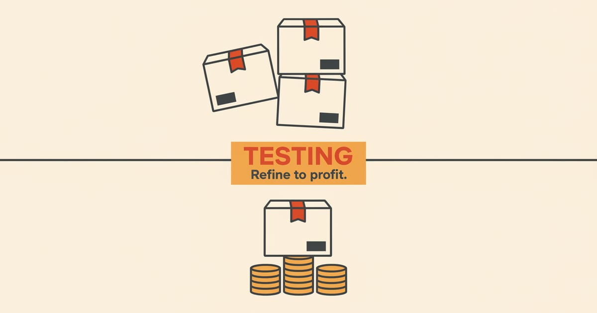 Flat orange and charcoal illustration on a warm cream background, showing marketing & growth icons either side of a short headline