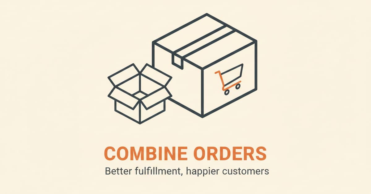Illustration with the word Combine Orders set in large orange type on a warm cream background, beside simple ecommerce icons