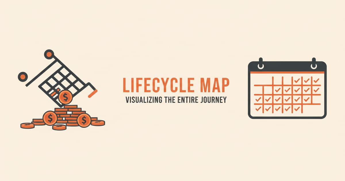 Flat orange and charcoal illustration on a warm cream background, showing shopify operations icons either side of a short headline