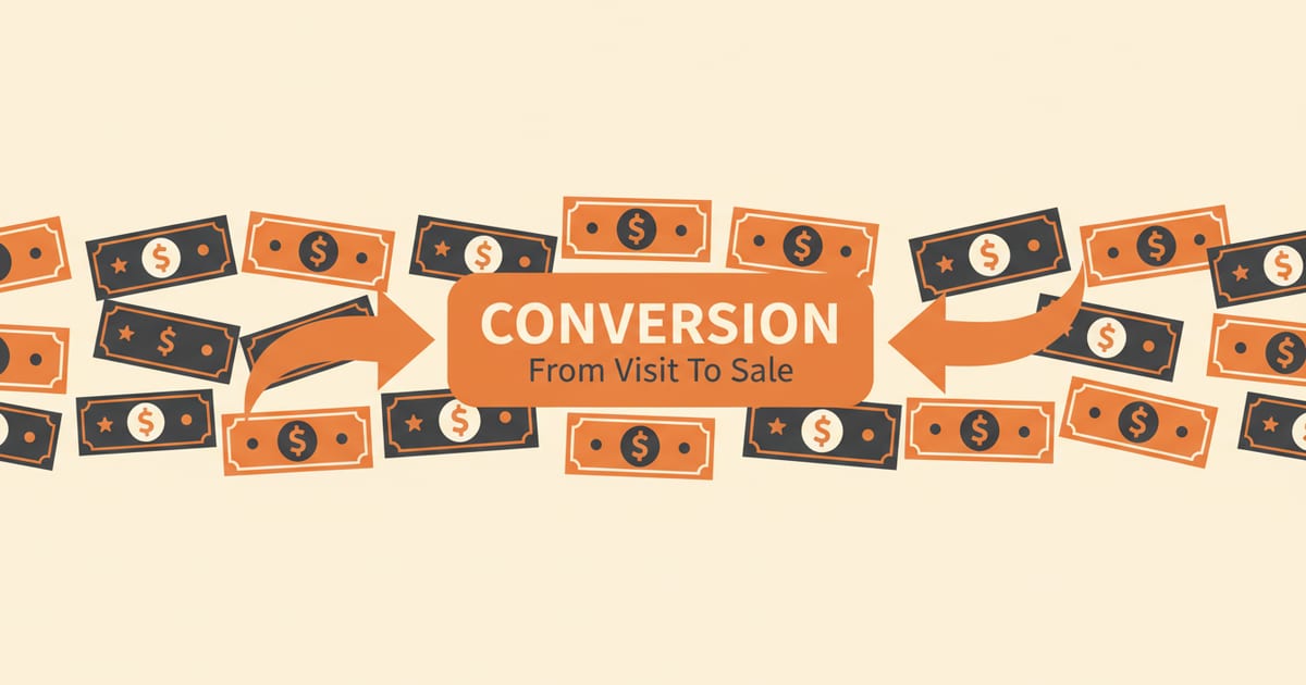 Flat orange and charcoal illustration on a warm cream background, showing sales & conversion icons either side of a short headline