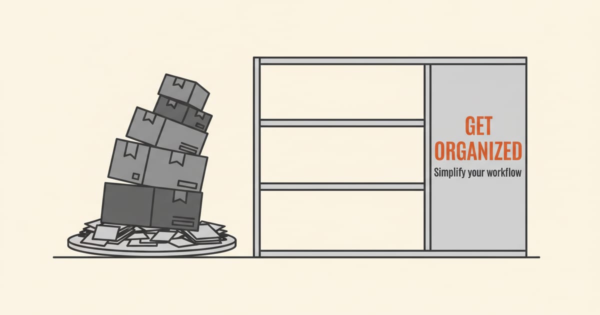 Flat orange and charcoal illustration on a warm cream background, showing shopify operations icons either side of a short headline